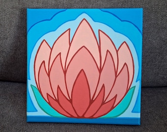 Original pink lotus blossom painting, 8x8 acrylic artwork of a red lotus flower on a pond