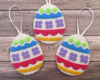 Felt Easter Egg Ornaments, Set of 3, Colorful Spring Basket Decor