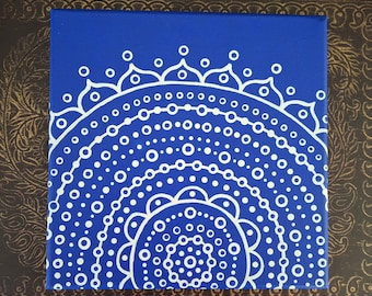Original blue mandala painting, 8x8 dot artwork in acrylic, blue zen wall decor