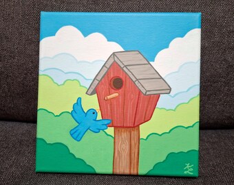 Original birdhouse painting, 8x8 bluebird flying to nest box artwork, acrylic on canvas