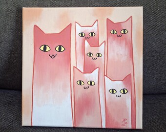 Original abstract pink cats painting, 8x8 funny pink kittens hand painted artwork in acrylic