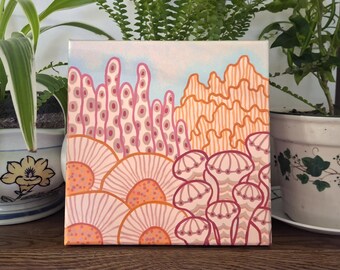 Original Pink Coral Reef Painting, 8x8 Hand Painted Acrylic Ocean Art in Pastel Colors