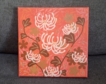 Original Floral Acrylic Painting, Coral Orange Garden Art, 8x8 Canvas