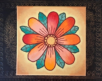 Original autumn flower painting, 8x8 artwork of sunflower mum in acrylic on canvas