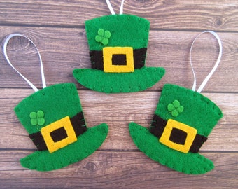 Set of 3 leprechaun hat ornaments, St Patrick's Day, green top hat decorations, Irish lucky clover, luck of the irish elf gnome Paddy's day