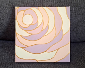Abstract Rose Painting, Pastel Acrylic Artwork, Gold Accents, 8x8 Canvas