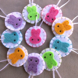 10 Pastel bunny ornaments, felt rabbit decorations, cute Easter bunnies, baby shower ornaments, embroidered ornies, bunny ears, spring decor image 1