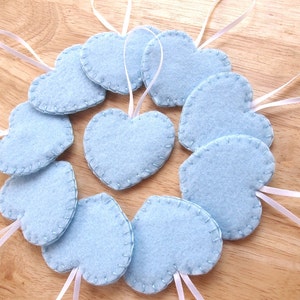 10 Blue heart decorations, light blue wedding decor, blue felt ornaments, felt wedding favors, blue felt hearts, set of 10 image 1