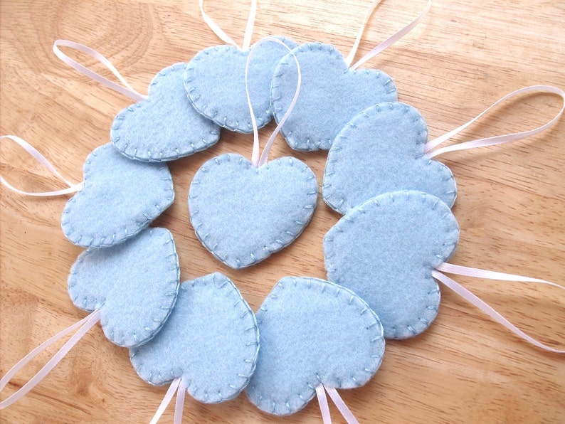 10 Blue heart decorations, light blue wedding decor, blue felt ornaments, felt wedding favors, blue felt hearts, set of 10 image 1