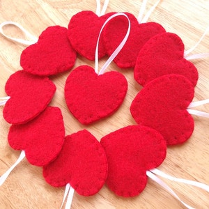 10 red heart decorations, Valentines heart ornaments, felt home decor, wedding favors, red wedding theme, valentines day decor, set of 10