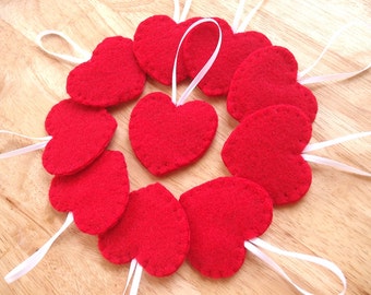 10 red heart decorations, Valentines heart ornaments, felt home decor, wedding favors, red wedding theme, valentines day decor, set of 10