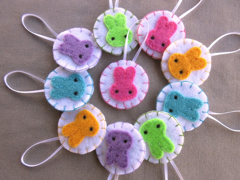 10 Pastel bunny ornaments, felt rabbit decorations, cute Easter bunnies, baby shower ornaments, embroidered ornies, bunny ears, spring decor image 1