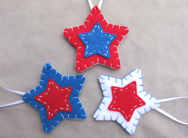 10 patriotic star ornaments, patriotic decor felt stars, holiday decor july 4th, americana, american decorations, USA independence day image 4