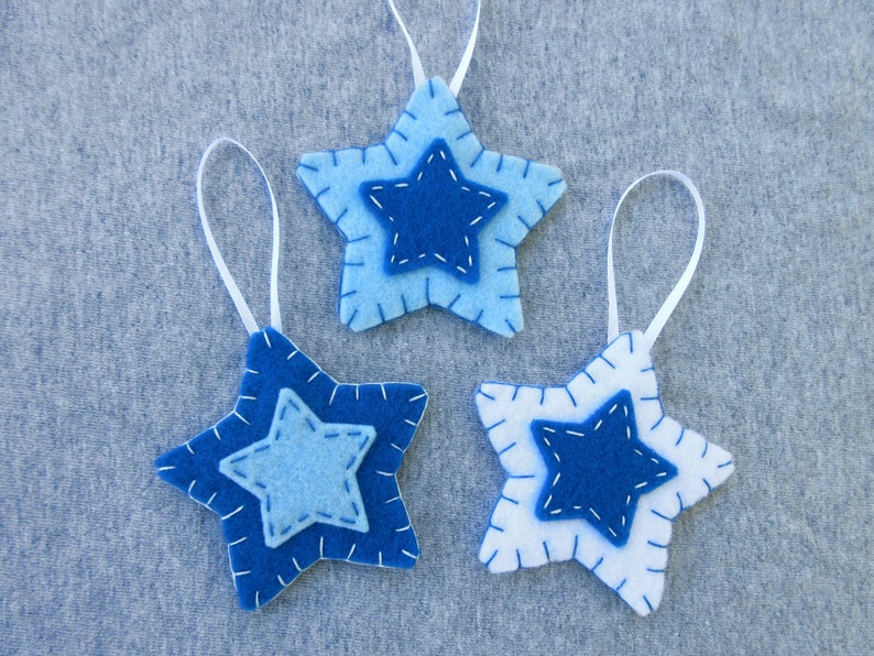 10 blue star decorations, blue star ornaments, blue christmas decor, felt hanging ornaments, blue fabric decorations image 4