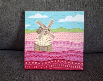 Original Holland tulips painting, 8x8 windmill with fields of flowers in acrylic