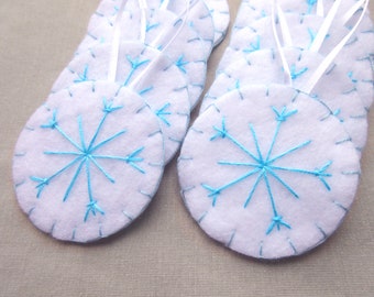 10 blue snowflake decorations, white snow flake ornaments, hand embroidered ornies, needlework snow Christmas decor, frozen snow crystal