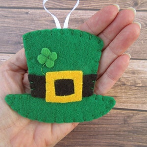 Set of 3 leprechaun hat ornaments, St Patrick's Day, green top hat decorations, Irish lucky clover, luck of the irish elf gnome Paddy's day image 2