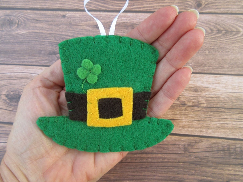 Set of 3 leprechaun hat ornaments, St Patrick's Day, green top hat decorations, Irish lucky clover, luck of the irish elf gnome Paddy's day image 2