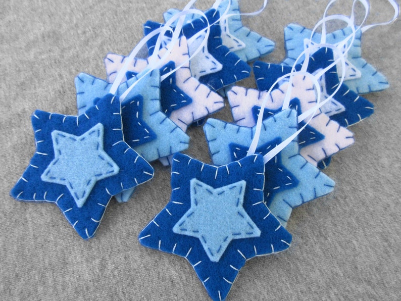 10 blue star decorations, blue star ornaments, blue christmas decor, felt hanging ornaments, blue fabric decorations image 1