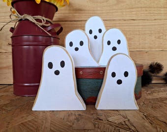 Handmade Wooden Ghost Shelf Sitters, Primitive Halloween Decor (Set of 5)