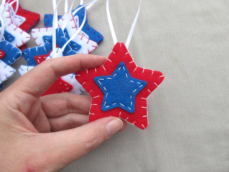 10 patriotic star ornaments, patriotic decor felt stars, holiday decor july 4th, americana, american decorations, USA independence day image 3