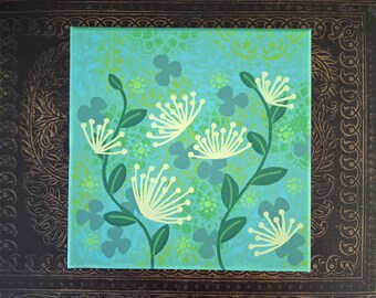 Original green flowers painting, 8x8 acrylic artwork of garden foliage with blooms and clover