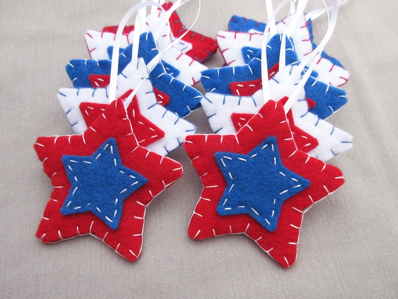 10 patriotic star ornaments, patriotic decor felt stars, holiday decor july 4th, americana, american decorations, USA independence day image 1