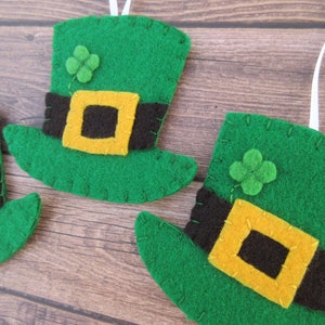 Set of 3 leprechaun hat ornaments, St Patrick's Day, green top hat decorations, Irish lucky clover, luck of the irish elf gnome Paddy's day image 3
