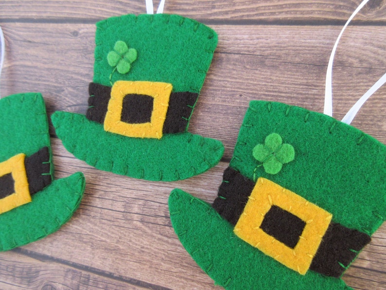 Set of 3 leprechaun hat ornaments, St Patrick's Day, green top hat decorations, Irish lucky clover, luck of the irish elf gnome Paddy's day image 3