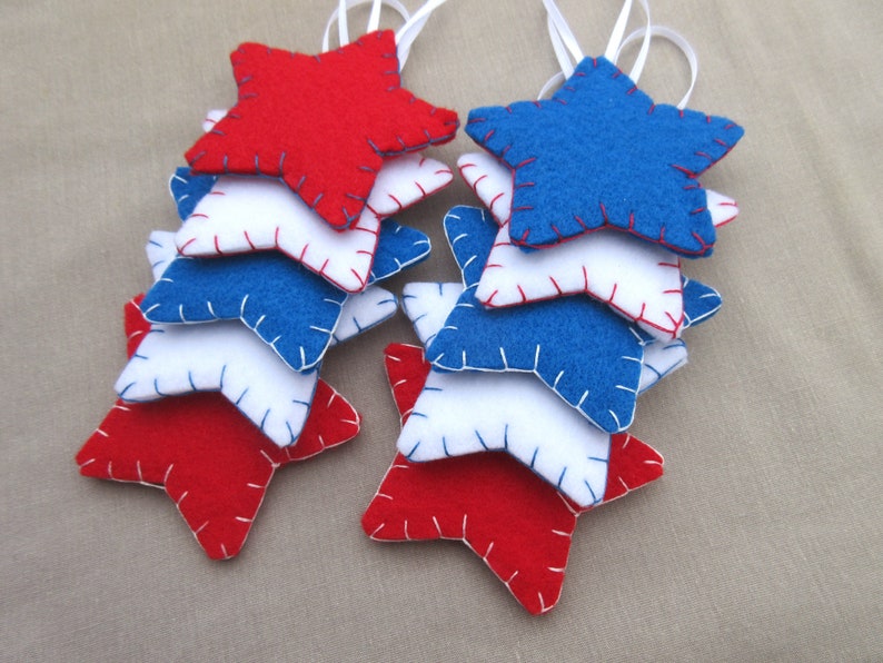 10 patriotic star ornaments, patriotic decor felt stars, holiday decor july 4th, americana, american decorations, USA independence day image 2