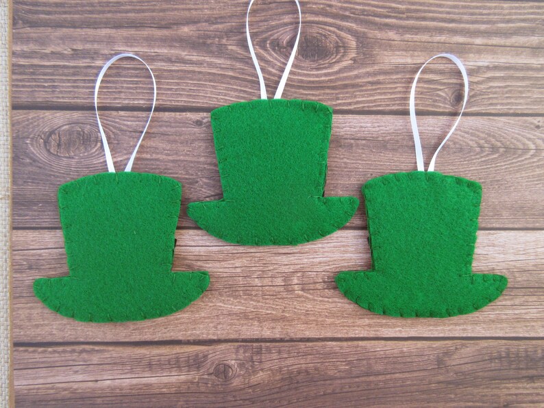 Set of 3 leprechaun hat ornaments, St Patrick's Day, green top hat decorations, Irish lucky clover, luck of the irish elf gnome Paddy's day image 4