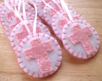 10 Baby girl christening favors, baptism favors, baby shower decorations, pink cross ornaments, first communion, christian felt cross round