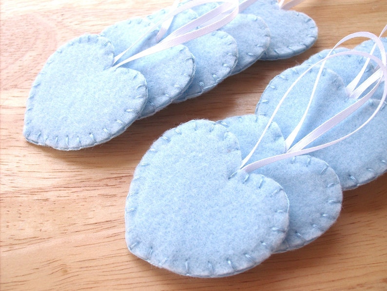 10 Blue heart decorations, light blue wedding decor, blue felt ornaments, felt wedding favors, blue felt hearts, set of 10 image 2