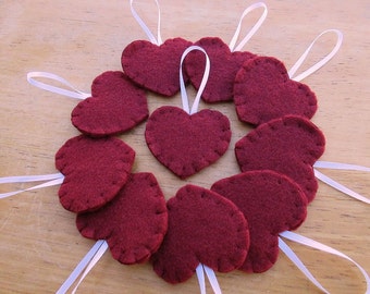 10 maroon heart ornaments, burgundy felt heart decorations, merlot wine charms, embroidered fabric heart accents, maroon wedding decor