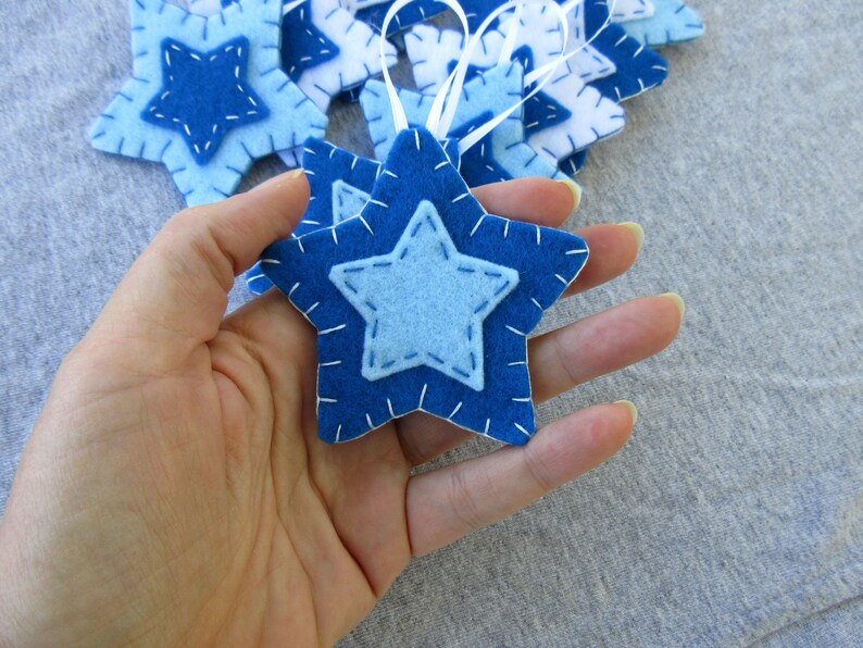 10 blue star decorations, blue star ornaments, blue christmas decor, felt hanging ornaments, blue fabric decorations image 3