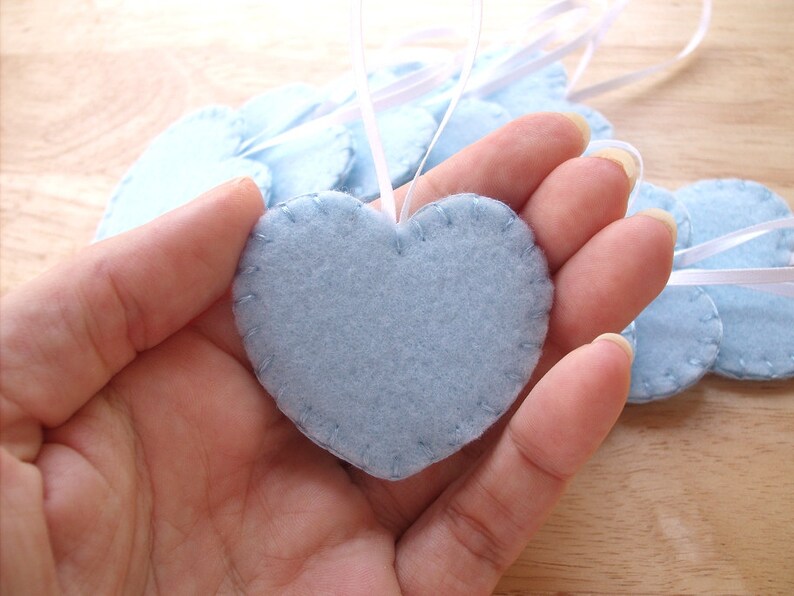 10 Blue heart decorations, light blue wedding decor, blue felt ornaments, felt wedding favors, blue felt hearts, set of 10 image 3