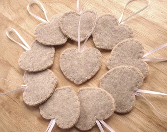 10 rustic wedding decorations, shabby brown heart ornaments, beige felt wedding decor, burlap wedding, country wedding, set of 10