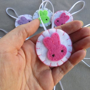 10 Pastel bunny ornaments, felt rabbit decorations, cute Easter bunnies, baby shower ornaments, embroidered ornies, bunny ears, spring decor image 2