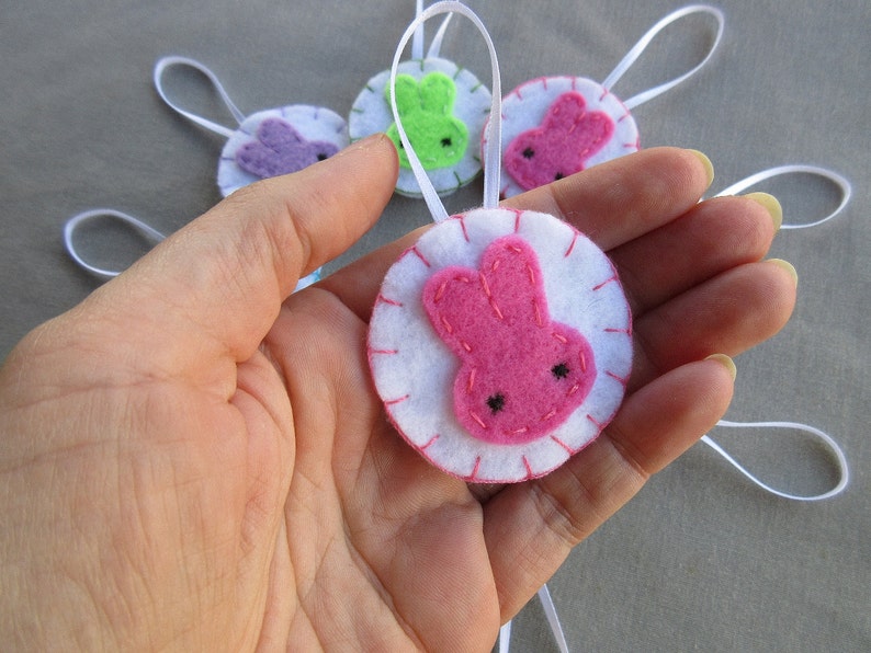 10 Pastel bunny ornaments, felt rabbit decorations, cute Easter bunnies, baby shower ornaments, embroidered ornies, bunny ears, spring decor image 2