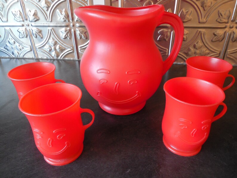 Fun Vintage Smiling Red Kool Aid Pitcher and Four Cups Etsy