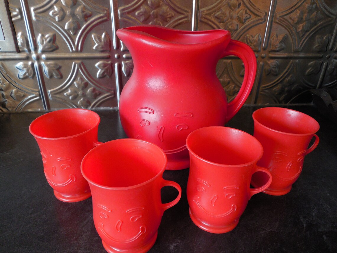 Fun Vintage Smiling Red Kool Aid Pitcher and Four Cups Etsy