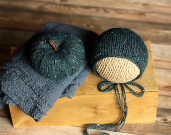 Pumpkin and Bonnet Set, Knit Bonnet, Bonnet and Wrap Set, Cheesecloth wrap, Photography Prop, Newborn
