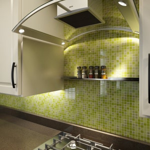 May include: A stainless steel shelf with a row of glass spice jars, mounted above a green tiled backsplash in a kitchen. The shelf is mounted under a white cabinet with a black handle.