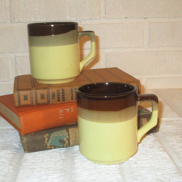 Brown Stoneware mugs, set of 2, Ombre earth tone, Kitchenware, 1970s, Japan, 10 oz, BOHO/ Farmhouse