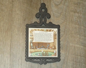 Cast Iron Ceramic Tile Kitchen Prayer Trivet/ Wall Plaque, Japan Enesco, Grandma Core
