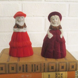 Ceramic Red and Maroon Flocked Dress Doll Bell, 4 1/2&quot; tall, set of 2, Figural Girl
