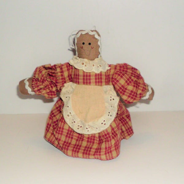 Cloth Gingerbread Girl in Maroon Dress ornament, 6" tall, Weighted Bottom, Primitive/ Farmhouse