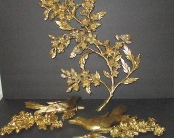 Home Interior, Gold Bird and Dogwood Set, Set of 3, Syroco Bird Decor, Bird Wall Hangings/ Wall Decor, 1960's