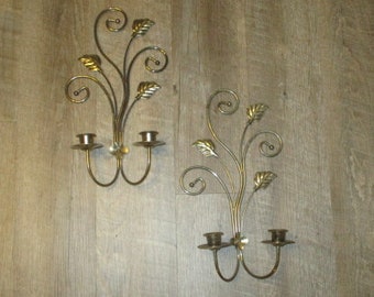 Homco Gold Tone Double Candle Holder Floral Leaves Wall Sconce, set of 2, 1980, BOHO, 14 1/2" tall