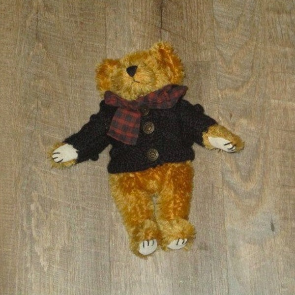 Tan Mohair Boyds jointed Plush Teddy Bear, limited edition, 10 1/2 inch tall, Plaid Bow and Black Sweater Jacket